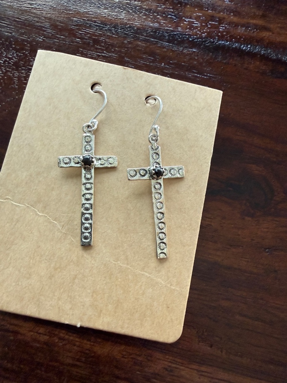 Sterling Silver Cross Drop Earrings with Black Stone Accent